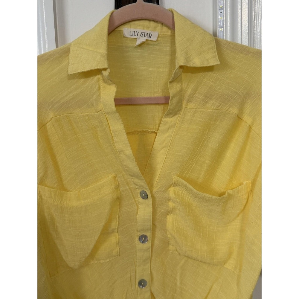 Lily Star Womens S Yellow Short Sleeve Sheer Cropped Blouse MA0681114LS - Picture 11 of 12